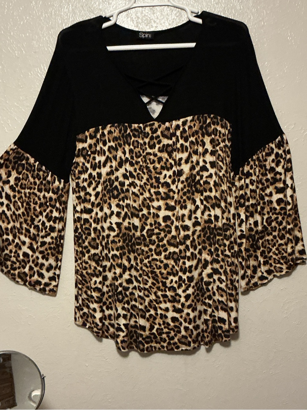 Leopard Print Bell Sleeve Blouse with Black Yoke